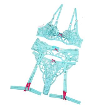 House Of Dasein Embroidered Mesh Splicing Perspective Sexy Lingerie Four Piece Set - Green - M