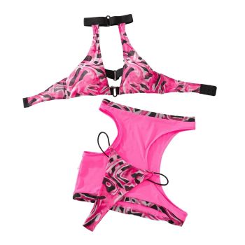 House Of Dasein Color Blocked Hollow Hanging Neck Sex Suit Sexy Backless Transparent Short Skirt Three Piece Set - Black Pink - M