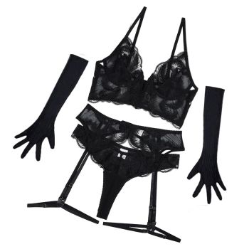 House Of Dasein Deep V Belt Steel Ring Gathering Side Folding Embroidery See Through Underwear Five Piece Set - Black - L