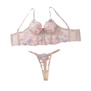 House Of Dasein Colorful Flower Embroidery Sexy Back Perspective Lingerie Bra Two Piece Set - Skin Purple - L