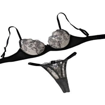 House Of Dasein Flower Leaf Embroidery Women's Three Point Transparent Erotic Lingerie Set - Black Skin Color - S