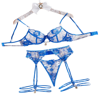 House Of Dasein Perspective Embroidery Sexy Lingerie Garter Belt Leg Ring Three Piece Set With Steel - Blue - S