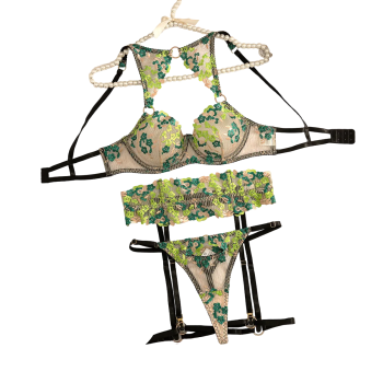 House Of Dasein Floral Embroidery Countryside Style Fun Set Sexy Underwear Four Piece - Black Green - M