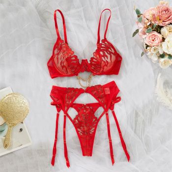 Flame Embroidered Sexy Chain Bra Hollow Ribbon Wedding Fun Underwear 3 Piece Set - Red - S