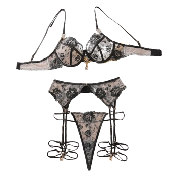 House Of Dasein Perspective Embroidery Sexy Lingerie Garter Belt Leg Ring Three Piece Set With Steel - Black - L