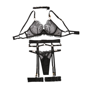 House Of Dasein Female Deep V-Belt Lingerie Set With Steel Ring Sexy Low Cut Seductive Bra - Black - M