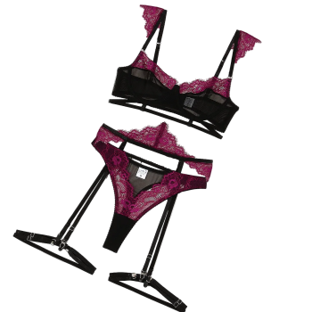 House Of Dasein Fashion Lace Splicing Mesh Collision Erotic Fun Four Piece Set For Women - Dark Purple - M