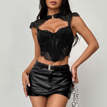House Of Dasein Sexy Transparent Lace Up Fishbone Bralette Spicy Small Camisole - Black - M