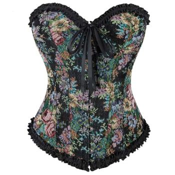 House Of Dasein Rose Print Denim Jeans Corset Black Burlesque Renaissance Vintage - S