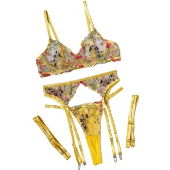House Of Dasein Transparent Floral Embroidered Lingerie Set Exquisite And Sexy Underwear - M