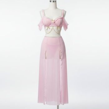 House Of Dasein Sexy Bow Chain Strap Pure Desire High Slit Dress Lingerie Set - Pink - Xl