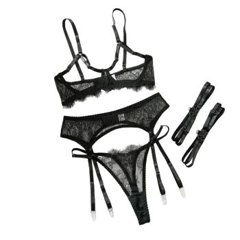 House Of Dasein Sexy Black Lace Hollow-Out No-Removal Passion Temptation Erotic Underwear Four-Piece Set - Black - L