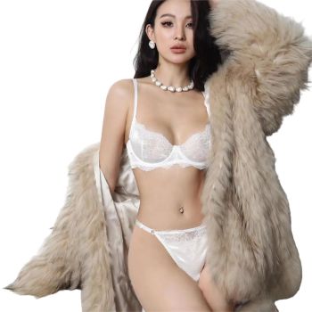 Summer New Large Chest Minimizer Gathered Ultra-Thin Lace Women's Underwear Set Sexy Bra - White - L