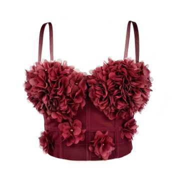 House Of Dasein French Mesh See Through Fishbone Corset With Chest Cushion Three Dimensional Flower Shaped Outerwear Beautiful Back - Red - 40C/90