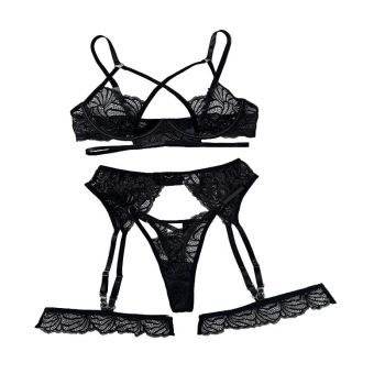 Adult Black Lace Patchwork Sexy Bra Set - Black - S
