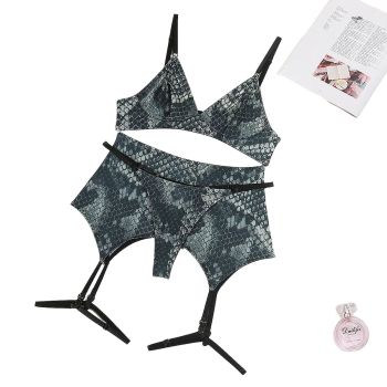 House Of Dasein Sexy Snake Print Backless Lingerie Four Piece Set For Women - Black Green - M