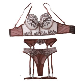 House Of Dasein French Sexy Embroidery Flower Soft Steel Ring Lace Bra Underwear Set - Brown - L