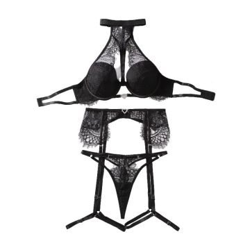 House Of Dasein Sexy Lace Hollow Steel Ring Gathering Neck Hanging Underwear Three Piece Set - Black - L