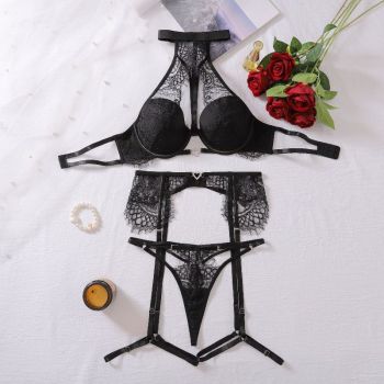 House Of Dasein Sexy Lace Hollow Steel Ring Gathering Neck Hanging Underwear Three Piece Set - Black - M