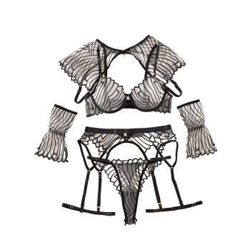 New Perspective Design Embroidered Shawl Garter Belt Sexy Underwear Six Piece Set - Black Skin Color - M