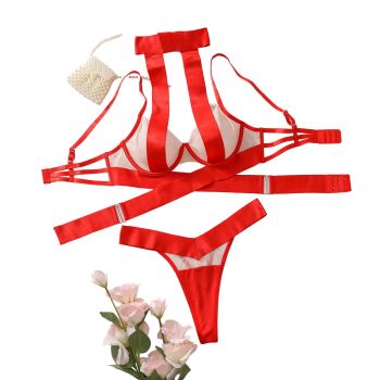 House Of Dasein Splicing Mesh Cross Underwear Perspective Hollow Back And Low Cut Charm Two Piece Set For Women - Red Skin Tone - M