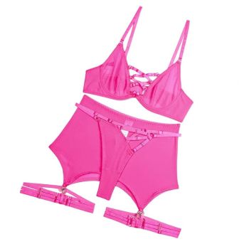 House Of Dasein Cross Hollow Straps Sexy Perspective Mesh Gathering Fun Lingerie Four Piece Set - Rose Red - L
