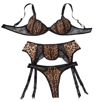 House Of Dasein Splicing Sexy Leopard Print Set Low Cut Gathering Lingerie Three Piece - Leopard Print Color - M