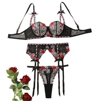 House Of Dasein Sexy Lingerie Set With Embroidered Flowers - M
