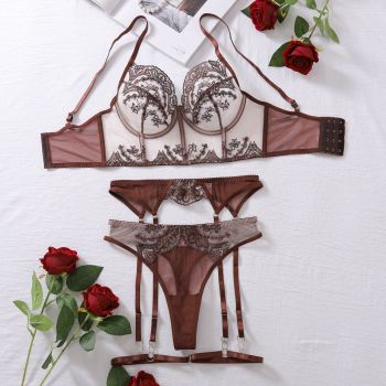 House Of Dasein French Sexy Embroidery Flower Soft Steel Ring Lace Bra Underwear Set - Brown - S
