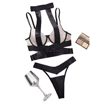 House Of Dasein Splicing Mesh Cross Underwear Perspective Hollow Back And Low Cut Charm Two Piece Set For Women - Black Skin Color - M