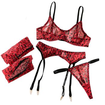 House Of Dasein Arrival Sexy Mesh Printed Leopard Pattern Transparent Push Up Set With Stockings - Red - L