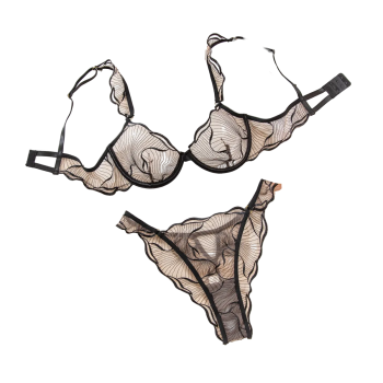 Underwear Sexy Thin Transparent Pure Desire Embroidery Large Chest Minimizer Push Up Bra And Panty Set - Black - M