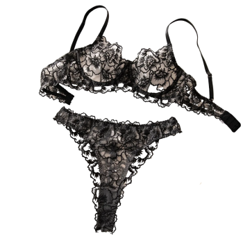 House Of Dasein Black Embroidered Lace Thin Transparent Underwire Bra Sexy Lingerie Women's Set - Black - L