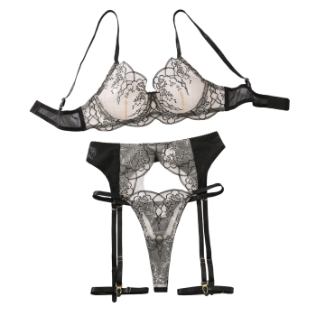 House Of Dasein Steel Ring Gathering Bra Set Mesh Splicing Embroidery Lace Sexy Lingerie Four Piece - Black Skin Color - M