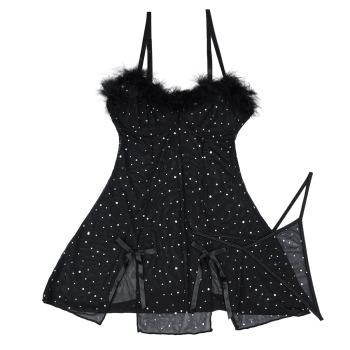 House Of Dasein Sexy Rhinestone Crystal Feather Splicing Sheer Mesh Slit Dress Two Piece Set For Women - Black - M