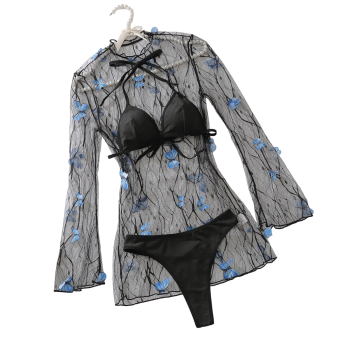 House Of Dasein Sexy Hot Girl Set Mesh Perspective Pure Desire Free Temptation Underwear Three-Piece - Black Blue - M