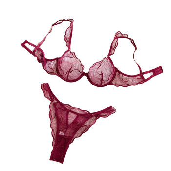 Underwear Sexy Thin Transparent Pure Desire Embroidery Large Chest Minimizer Push Up Bra And Panty Set - Angora Red - L