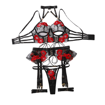House Of Dasein Sexy Lingerie Embroidery Flower Tie Cross Hollow Perspective Five Piece Set - Black And Red - S
