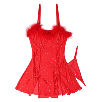 House Of Dasein Sexy Rhinestone Crystal Feather Splicing Sheer Mesh Slit Dress Two Piece Set For Women - Red - M