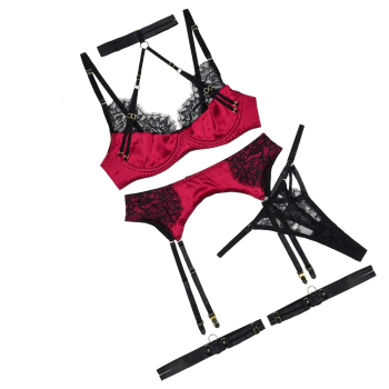 House Of Dasein Sexy Set Embroidered Splicing Lace Body Shaping Underwear Four Piece - Black And Red - M