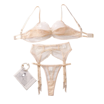 House Of Dasein Sexy Lace Bra Set Mesh Perspective Pure Desire Lingerie Underwear Three-Piece - Champagne - S