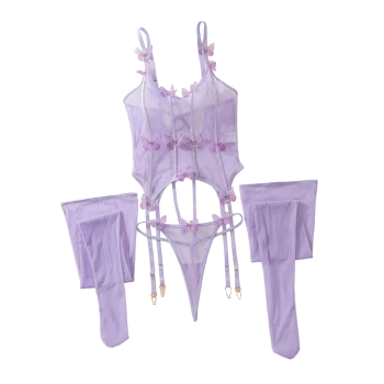 House Of Dasein Purple Butterfly Set Sexy Lace Underwear 3-Piece - Light Purple - S