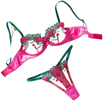 House Of Dasein Summer Mesh Floral Embroidery Sheer Underwire Gathered Bra Panty Sexy Lingerie Women's Set - Rose Red - L