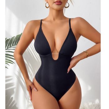 Fashion Style Pattern Neckline Fit Type Of Clothing Solid Color Deep V Fitted Bodysuit With Thong - Black - S