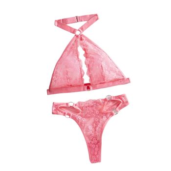 House Of Dasein Backless Sexy Bra With Floral Lace Hanging Neck Triangular Cup Lingerie Two-Piece Set For Women Pink - Pink - L