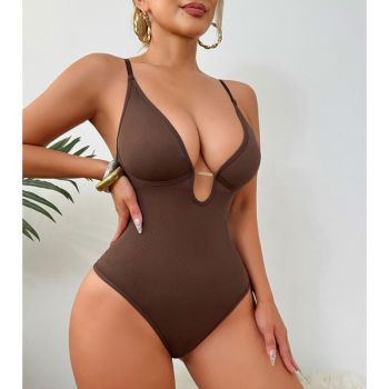 Fashion Style Pattern Neckline Fit Type Of Clothing Solid Color Deep V Fitted Bodysuit With Thong - Brown - Xxxl