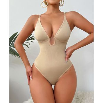 Fashion Style Pattern Neckline Fit Type Of Clothing Solid Color Deep V Fitted Bodysuit With Thong - Skin Tone - Xxl