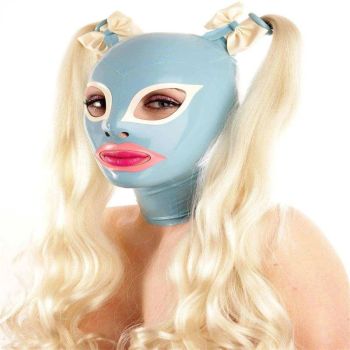House Of Dasein Handmade Latex Hood Fetish Rubber Mask With Braid Wigs Back Zipper Club Wear - Light Blue - Xxl