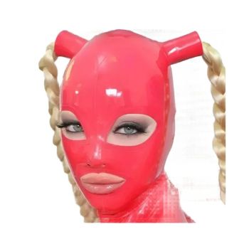 House Of Dasein 100 Percent Latex Mask Rubber Unisex Hood With Pigtails Fetish Two Braid Wigs Headgear Customized - Red - M