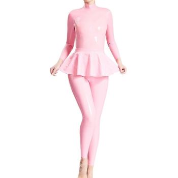 House Of Dasein Pink Latex Catsuit With Swing Skirt In Middle Back Zipper Rubber Body Suit Costume - Baby Pink - Xl